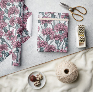 Pink cornflowers, wild flowers on white wrapping paper