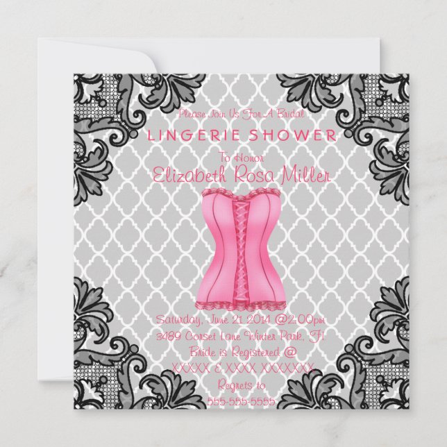 Pink Corset & Black Lace Lingerie Bridal Shower Invitation (Front)