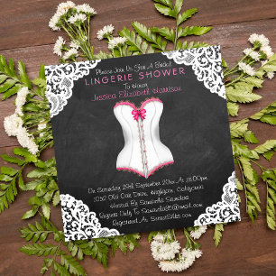 Pink Corset White Lace Chalkboard Lingerie Shower Invitation