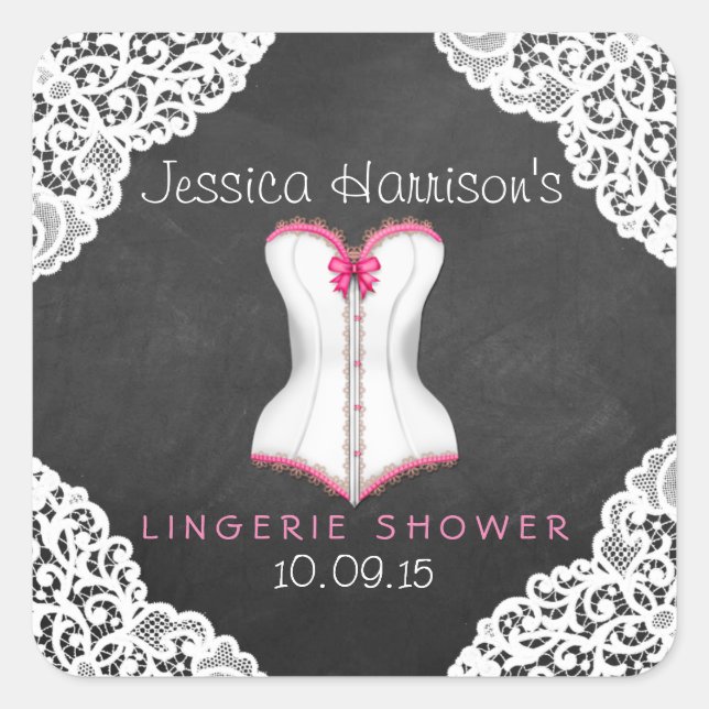 Pink Corset White Lace Chalkboard Lingerie Shower Square Sticker (Front)