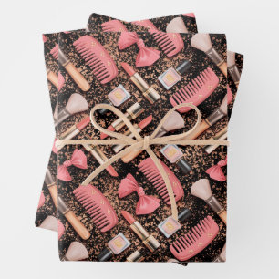 Pink Cosmetics Pattern Glitter Wrapping Paper Sheet