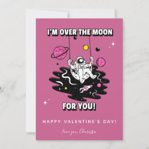 Pink Cosmic Astronaut Galaxy Valentines Day Rocket Holiday Card