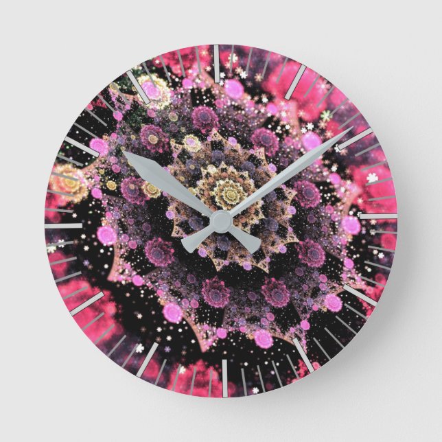 Pink Cosmic Burst Fractal Round Clock (Front)