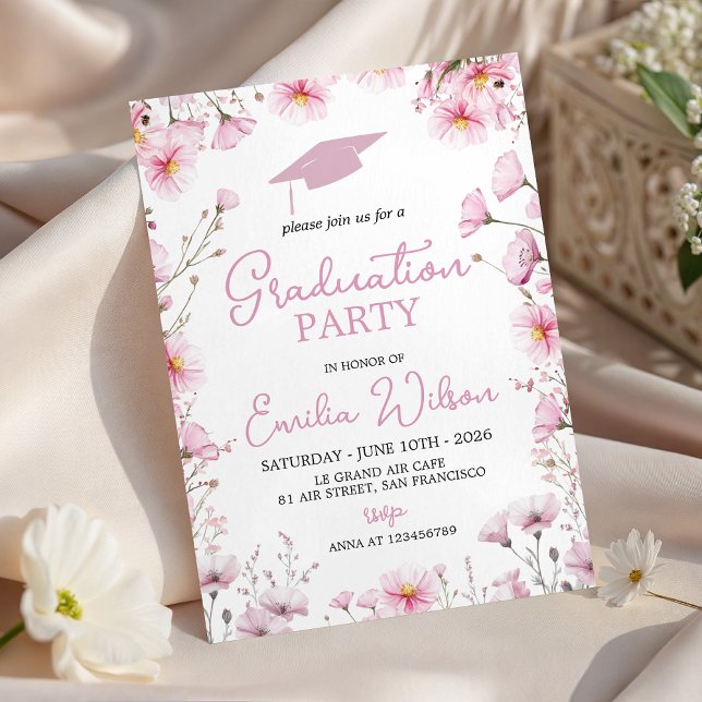 Pink Cosmos & Bee Graduation Invitation (Creator Uploaded)