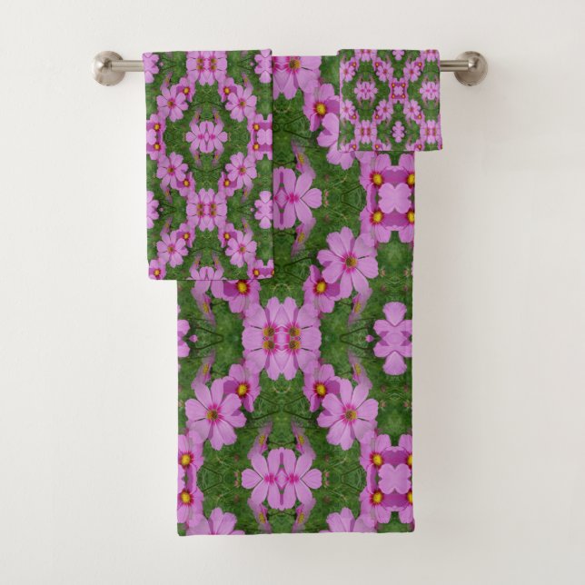 Pink Cosmos Daisy Flowers Abstract Nature  Bath Towel Set (Insitu)
