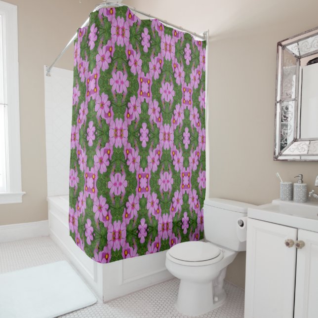 Pink Cosmos Daisy Flowers Abstract Pattern Shower Curtain (In Situ)