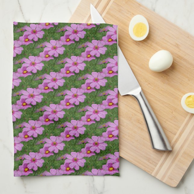 Pink Cosmos Daisy Flowers Nature Pattern      Tea Towel (Quarter Fold)