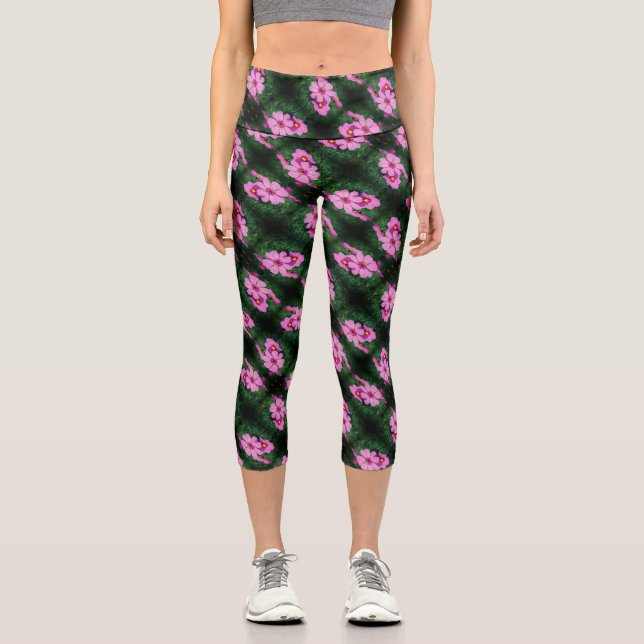 Pink Cosmos Flowers Abstract Pattern    Capri Leggings (Front)