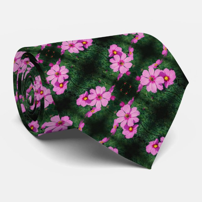 Pink Cosmos Flowers Abstract Pattern    Tie (Rolled)