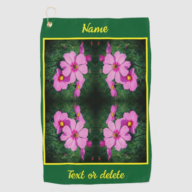 Pink Cosmos Flowers Abstract Personalised Golf Towel (Front)