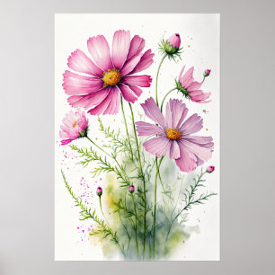 Pink Cosmos Flowers Art Print Poster