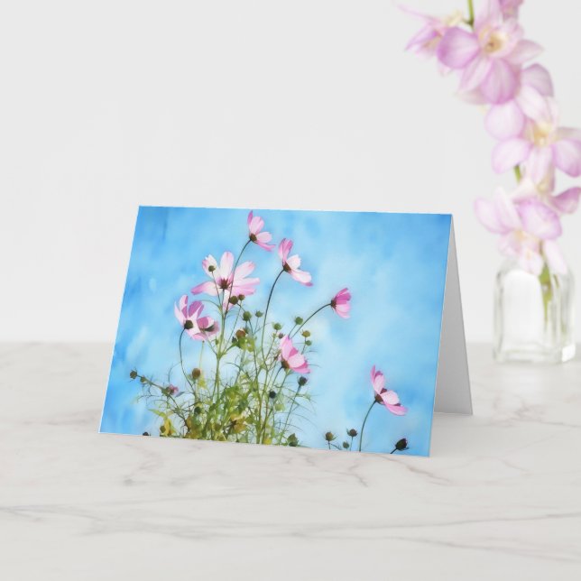 Pink Cosmos Flowers Floral Art Note Card (Orchid)