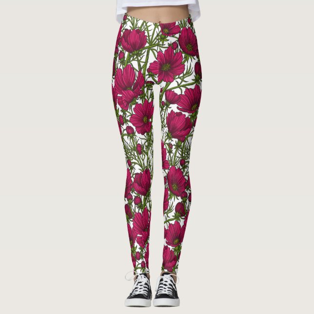 Pink Cosmos flowers Leggings (Front)