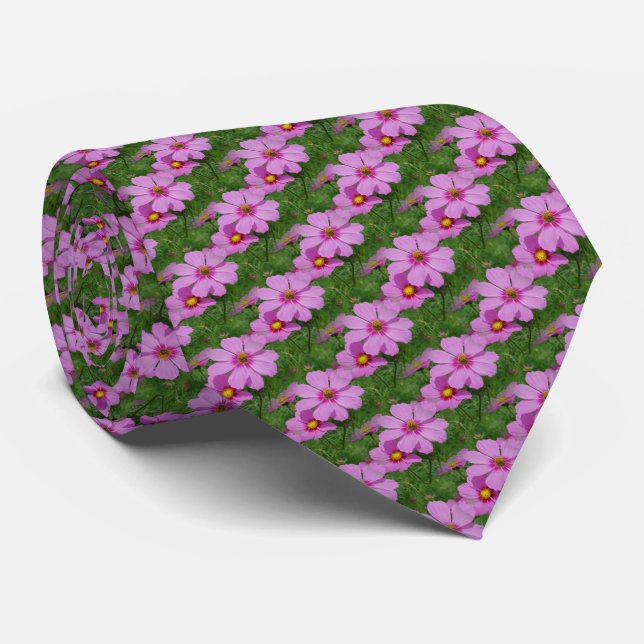 Pink Cosmos Flowers Nature Pattern    Tie (Rolled)