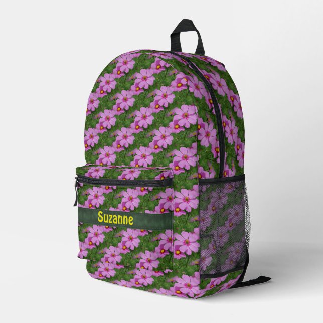 Pink Cosmos Flowers Nature Personalised   Printed Backpack (Back Corner Right)