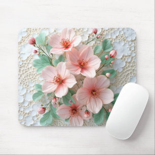 Pink Cosmos Flowers On Bridal Lace Mouse Pad