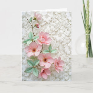 Pink Cosmos Flowers On White Bridal Lace Card