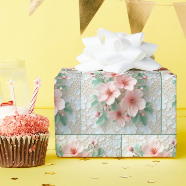 Pink Cosmos Flowers On White Lace Wrapping Paper (Birthday Party)