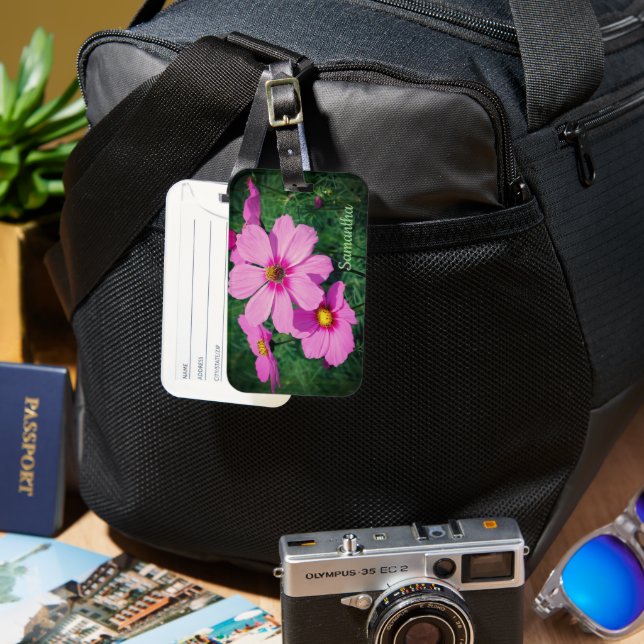 Pink Cosmos Flowers Personalised Luggage Tag (Front & Back)