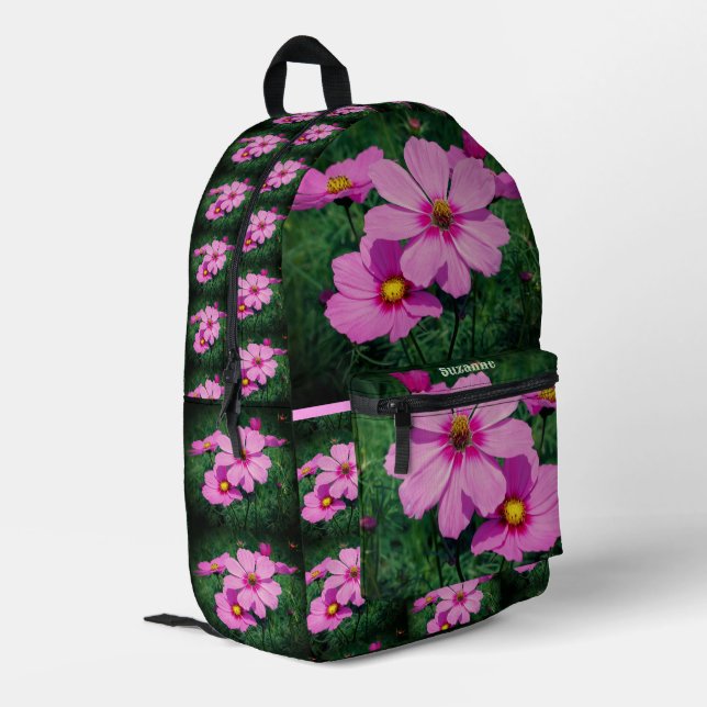 Pink Cosmos Flowers Personalised Printed Backpack (Back Corner Left)