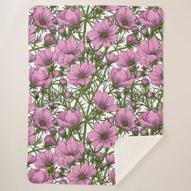Pink Cosmos flowers Sherpa Blanket (Front)