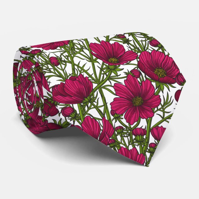 Pink Cosmos flowers Tie (Rolled)
