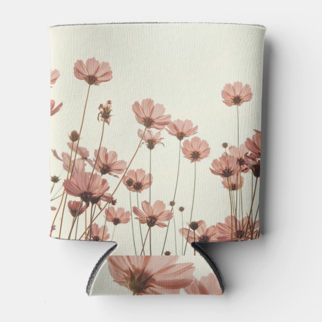 Pink cosmos: flowers white background. can cooler (Front)