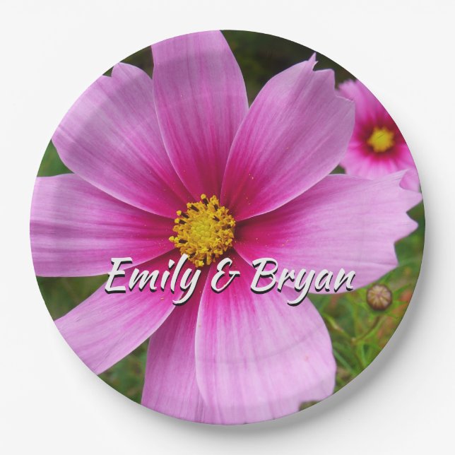 Pink Cosmos Flowers Wildflower Paper Plate (Front)