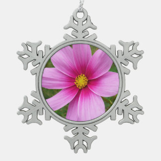 Pink Cosmos Flowers Wildflower Snowflake Pewter Christmas Ornament