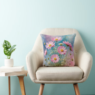 Pink Cosmos Watercolor Cushion