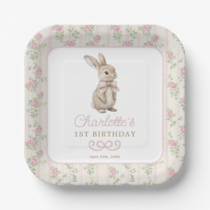 Pink Cottage Chic Bunny Floral Girl Birthday Paper Plate