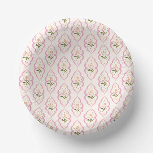 Pink Cottage Floral Ogee Patterned Paper Plate (Front)