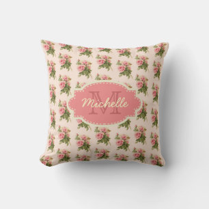 Pink Cottage Rose Monogram & Name Vintage Floral Cushion
