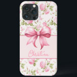 Pink Cottage Rose with Bow Coquette iPhone 13 Pro Max Case<br><div class="desc">This iPhone case features a pink cabbage roses in the background with a curved pink box shape that anchors your name personalisation with a cute pink bow.</div>