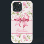Pink Cottage Rose with Bow Coquette iPhone 13 Pro Max Case<br><div class="desc">This iPhone case features a pink cabbage roses in the background with a curved pink box shape that anchors your name personalisation with a cute pink bow.</div>