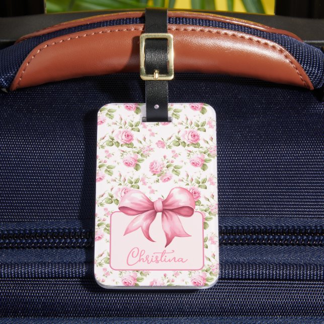 Pink Cottage Rose with Bow Coquette Luggage Tag (Front Insitu 2)