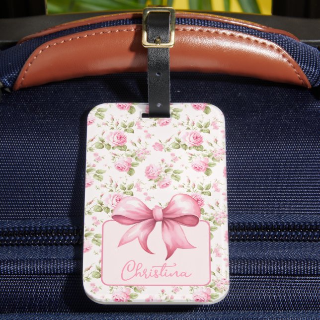 Pink Cottage Rose with Bow Coquette Luggage Tag (Front Insitu 2)