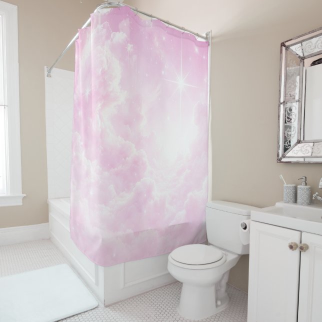 Pink Cotton Candy Clouds Starry Sky Shower Curtain (In Situ)