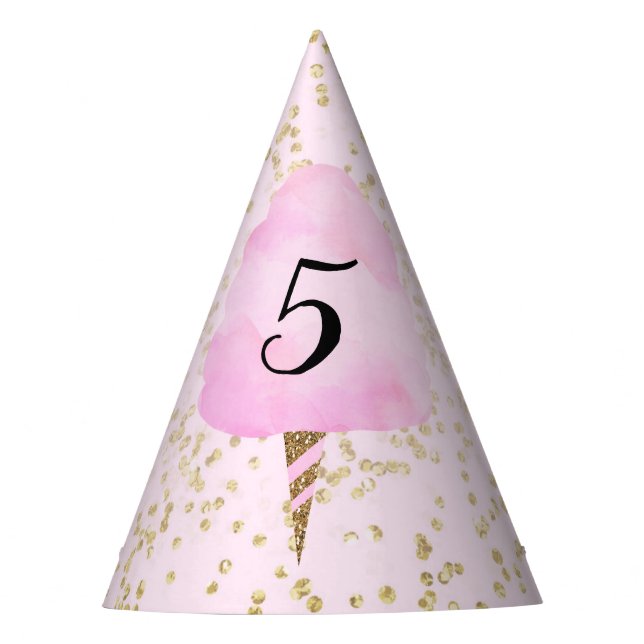 Pink Cotton Candy & Gold Confetti Birthday Party Party Hat (Front)