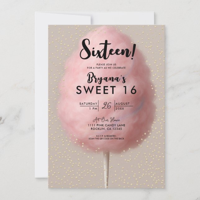 Pink Cotton Candy Gold Confetti Sweet 16 Party Invitation (Front)