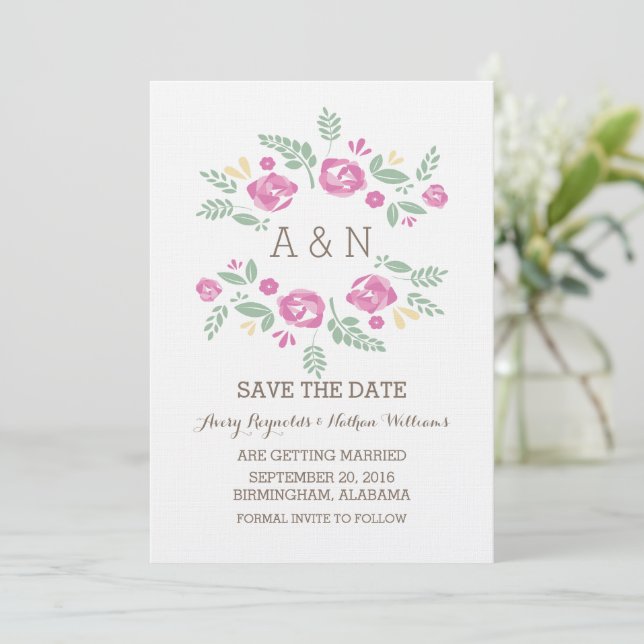 Pink Country Floral Monogram Save the Date Invite (Standing Front)