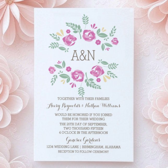 Pink Country Floral Monogram Wedding Invite (Pink Country Floral Monogram Wedding Invite)