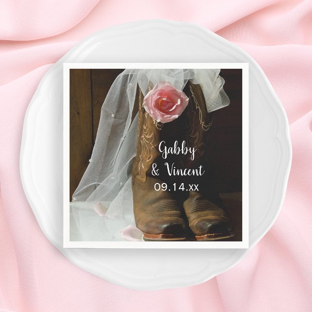 Pink Country Rose and Cowboy Boots Western Wedding Napkin (Creator Uploaded)