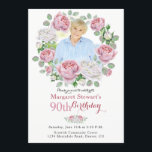 Pink Country Rose Wreath Photo 90th Birthday Invitation<br><div class="desc">Pink chic old country rose floral wreath 90th photo birthday invitation. This pink rose wreath adult women's photo birthday invitation is a good choice for a birthday in any season, especially spring or summer. This rose flower wreath 90th birthday photo template invitation features a beautiful watercolor pink and white rose...</div>