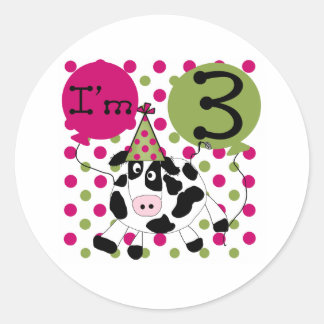 Pink Cow 3rd Birthday Classic Round Sticker