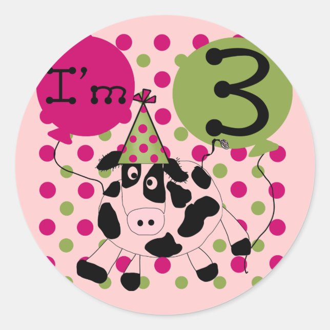 Pink Cow 3rd Birthday Tshirts and Gifts Classic Round Sticker (Front)