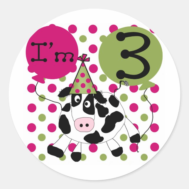 Pink Cow 3rd Birthday Tshirts and Gifts Classic Round Sticker (Front)