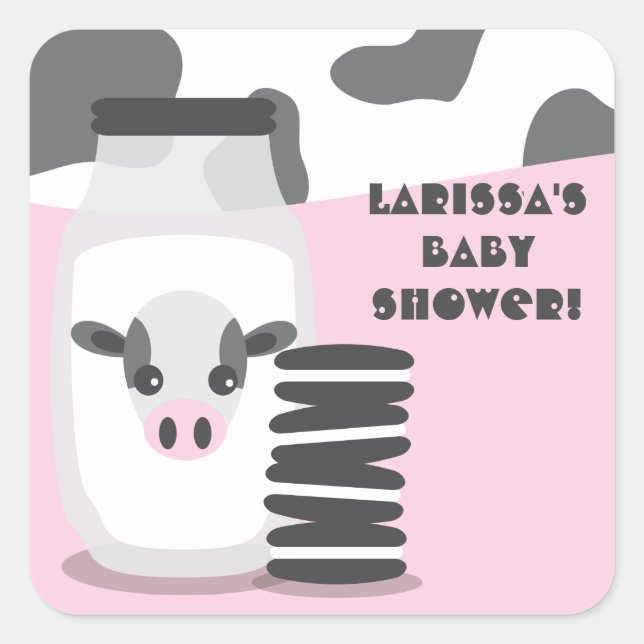 PINK Cow Milk and Cookies Baby Shower Stickers (Front)