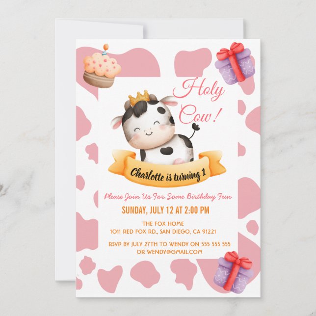 Pink Cow Print 1st Birthday Holly Cow Invitation (Front)