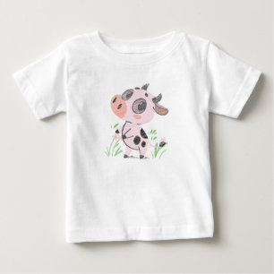 Pink Cow with Flowers Cute Animal Art Print Baby T-Shirt